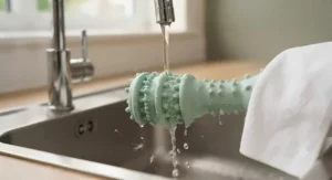 A durable rubber puppy dental chew toy being washed with warm water to maintain canine hygiene.
