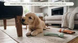 A documentary-style photograph, set on the textured wool rug from image_0.png. The Golden Retriever puppy from image_0.png is positioned between two objects, looking guilty. On the left, the corner of a dark wooden armchair leg shows recent, frayed tooth marks. In the foreground, a few inches away, the exact mint-green textured nylon bone from image_0.png is placed on the rug, showing fresh shallow indentations from the puppy's teeth. The soft fabric fox toy is also visible nearby, near the fireplace. Natural window light illuminates the scene.
