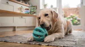 A golden retriever interacting with a treat-dispensing ball, designed as an interactive dog teeth cleaning toy to encourage prolonged chewing for better dental health.