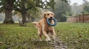 Dog catching a bright nubby texture toy during a game of fetch in a muddy British park.