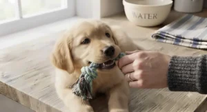 Owner gently playing tug-of-war with a Labrador puppy using a safe soothing teether for puppies.