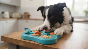 An alert black and white Border Collie lying on a wooden floor, engaged with a teal plastic interactive puzzle feeder containing peanut butter treats.