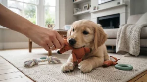 A close-up, eye-level shot in the same detailed living room as image_0.png, illustrating safe interactive play. An adult's hand (with a simple silver ring) gently holds the fabric fox toy from image_0.png by the head, while the Golden Retriever puppy from image_0.png holds the body in its mouth, looking up with focused engagement. The texture of the puppy's fur and the fabric toy are sharp. The soft, warm daylight from the bay window illuminates the interaction.