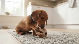 Miniature Dachshund solving a puzzle-style treat-dispensing dental toy on a kitchen floor.