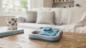 Small interactive puzzle toy and treat dispenser suitable for keeping small breed puppies occupied.