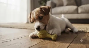 A small Jack Russell terrier puppy playing with a small chicken-flavoured dental chew toy indoors.
