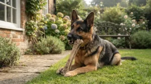 A German Shepherd enjoying a long-lasting, durable dental bone in a British garden.