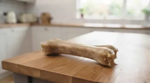 A durable, natural-coloured nylon dog chew bone resting on a light wood grain surface, suggesting a long-lasting peanut butter flavour.