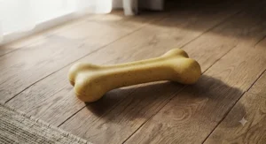 A nylon bone-shaped chicken-flavoured chew toy resting on a neutral background in natural lighting.