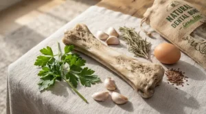 Grain-free dental bones for large dogs laid out next to fresh herbs and natural ingredients.