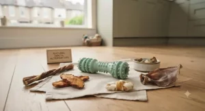 A collection of vet-recommended dental chew toys and natural teething aids arranged on a wooden floor.