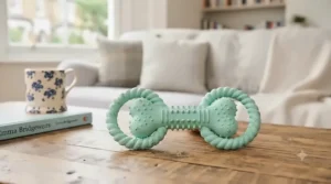 Textured natural rubber dental stick designed as a gentle puppy teething toy for toy breeds like Yorkshire Terriers.