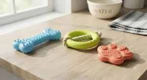 Brightly coloured natural rubber soothing teethers for puppies designed to ease sore gums during teething.