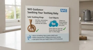 Informational graphic summarizing NHS advice on soothing sore gums with safe teething rings and cool objects.