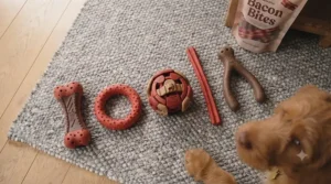 Flat lay of various non-toxic bacon chew toys for dogs arranged neatly on a wooden floor.