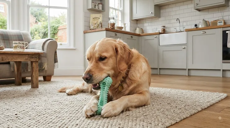 Happy dog chewing on a durable nubby texture dog chew toy in a living room, ideal for keeping canine teeth clean. nubby texture dog chew toys