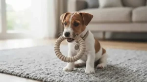 A small Jack Russell Terrier puppy sits attentively on a grey rug, holding and chewing on the beige-grey natural rubber ring toy with determination.