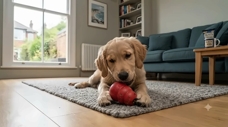 Golden Retriever puppy chewing on a red KONG puppy toy on a living room rug. puppy kong toy review