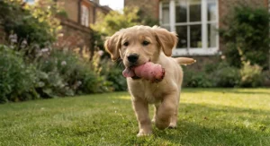 Jack Russell Terrier puppy calmly chewing on a blue KONG toy indoors to help ease separation anxiety.