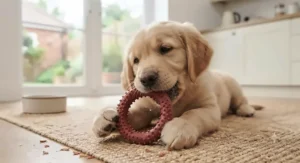 Puppy-safe beef-flavoured teething toy to soothe sore gums during growth.