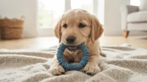 Cute puppy chewing on a small, soothing nubby texture toy designed for teething relief.