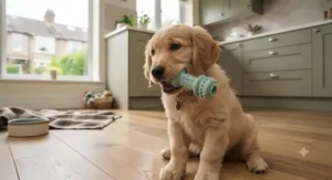 Close-up of a small breed puppy happily gnawing on a soft dental chew toy during its teething phase.
