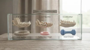 A professional display case timeline titled "PUPPY TEETHING TIMELINE", featuring three stages of puppy jawbones and corresponding chew toys: the beige ring for 8-12 weeks, the pink ring for 3-5 months, and a blue dumbbell for 6 months+.