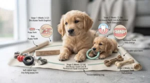 Infographic illustrating the puppy teething timeline and recommended toys for each stage.