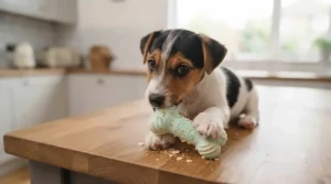 A small Jack Russell puppy sitting on a wooden counter, chewing on a mint-green Puppy Kong teething bone, surrounded by tiny crushed biscuit crumbs.