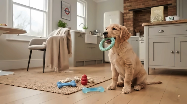 A durable rubber teething toy suitable for puppies, designed to soothe sore gums, available for under £15. teething toys for puppies under £15