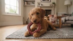 A small Jack Russell terrier puppy playing with a safe, flexible bacon-flavour teething toy to soothe sore gums.