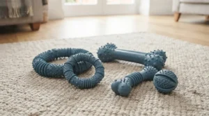Selection of small, medium, and large nubby texture dog chew toys laid out on a wooden floor.