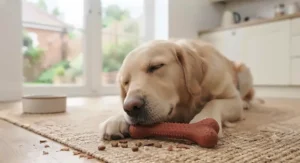 Rubber beef-flavoured treat-dispensing toy to slow down fast eaters.