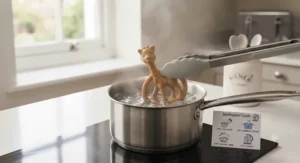Step-by-step visual guide on how to safely sterilise a natural rubber teething ring using boiling water or steam.