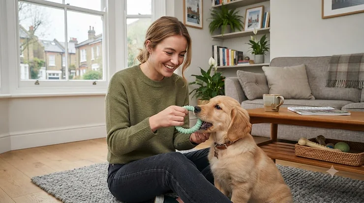 A photorealistic indoor scene in a modern British home, where a smiling young woman sits on a grey wool rug helping a Golden Retriever puppy chew on a mint-green rubber teething ring. Natural daylight streams in from a large sash window overlooking London-style terraced houses. rubber teething rings for puppies