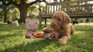 A helpful size chart comparing different bacon-flavour chew toys suited for small, medium, and large dog breeds.
