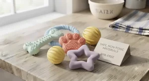A selection of non-toxic, BPA-free soothing teethers for puppies laid out on a neutral background.