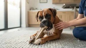 A happy Boxer chewing safely on a large-sized dental bone indoors.