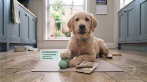 Happy puppy safely supervised while chewing on an interactive dental toy at home.