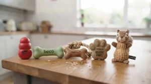 A selection of five popular UK-branded peanut butter flavoured dog toys lined up on a wooden kitchen counter, including a Kong, a Beco bone, and a rope toy.