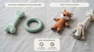 An educational infographic guide, presented in a clean, split-screen layout on a light grey linen background. The left side is titled "NATURAL RUBBER & NYLON BLENDS" and features the exact pale mint-green textured nylon bone from image_0.png, along with a similar soft, textured rubber ring. The right side is titled "SOFT PLUSH & ROPE" and features the small fabric fox toy and the pastel cotton rope toy from image_0.png. Below, a boxed section titled "AGE APPROPRIATE" uses icons to recommend Soft Rubber/Fleece for 8-12 weeks and Durable Nylon/Rope for 3-6 months. The small 'PuppySafe UK' watermark is in the corner.