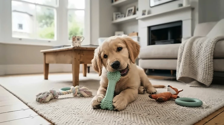 A candid, professional photograph of a Golden Retriever puppy chewing on a pale mint-green textured nylon bone toy. The setting is a modern, light-filled living room in a British home, with a large bay window and a fireplace visible in the softly blurred background. The puppy is lying on a beige herringbone wool rug, surrounded by other high-quality, safe soft chew toys like a rope toy and a fabric fox. Natural daylight from the window illuminates the scene. soft chew toys for teething puppies