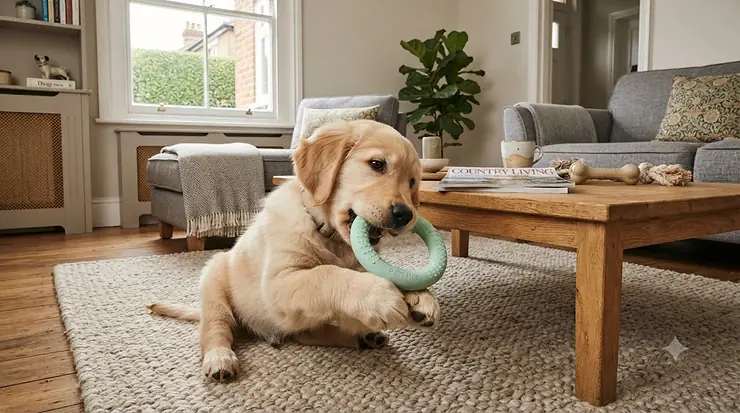 Golden retriever puppy chewing on a natural rubber soothing teether surrounded by wooden toys on a cosy living room rug. soothing teethers for puppies