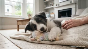 A candid, documentary-style photograph, set on the textured wool rug from image_0.png. The Border Collie cross puppy from image_26.png is curled comfortably on its side on a soft, cream-coloured knitted blanket, calmly chewing on a different soft plush toy (a pastel lamb). The puppy's eyes are half-closed in contentment. An adult's hand (with a simple silver ring) is resting gently on the blanket just behind the puppy, demonstrating a calm, supervised environment. The cozy living room background is softly blurred. Natural daylight from the bay window illuminates the peaceful scene.