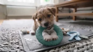 A textured puppy teething ring featuring raised bumps to gently massage a puppy's gums.