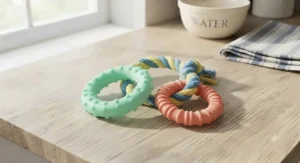 Multi-textured rubber teething rings providing gentle relief as soothing teethers for puppies learning to chew.