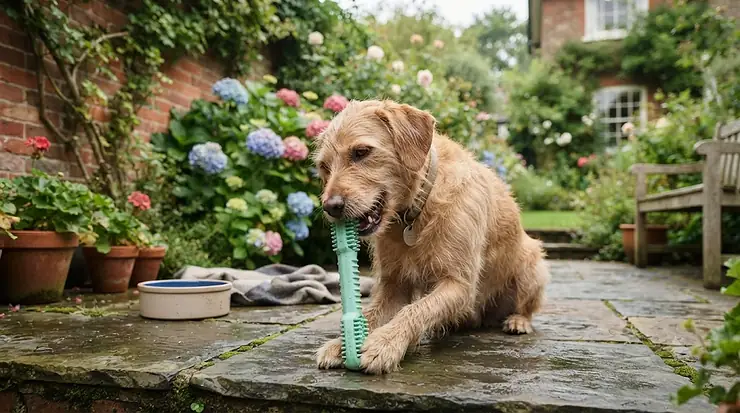 Best toothbrush chew toy for dogs being used by a Labrador retriever in a British garden, evaluating its cleaning performance. toothbrush chew toy for dogs review