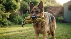 A large German Shepherd holding a robust, chicken-flavoured rubber chew toy in the garden.