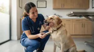 A veterinarian holding a recommended dental bone for large dogs alongside a Labrador Retriever.