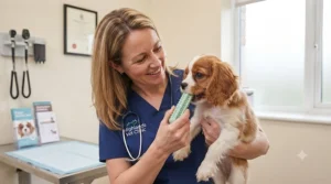 British veterinarian smiling while holding a soft rubber dental chew toy suitable for small puppies.
